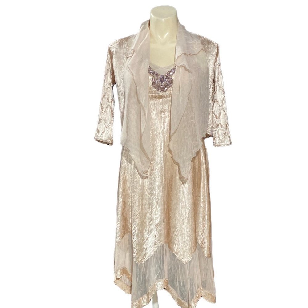 NEW Komarov Dress L Satin Chiffon Crinkle Midi Dusty Rose Pink Bead Jacket Party